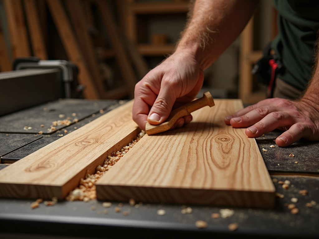 Table saw cutting oak plank with push stick