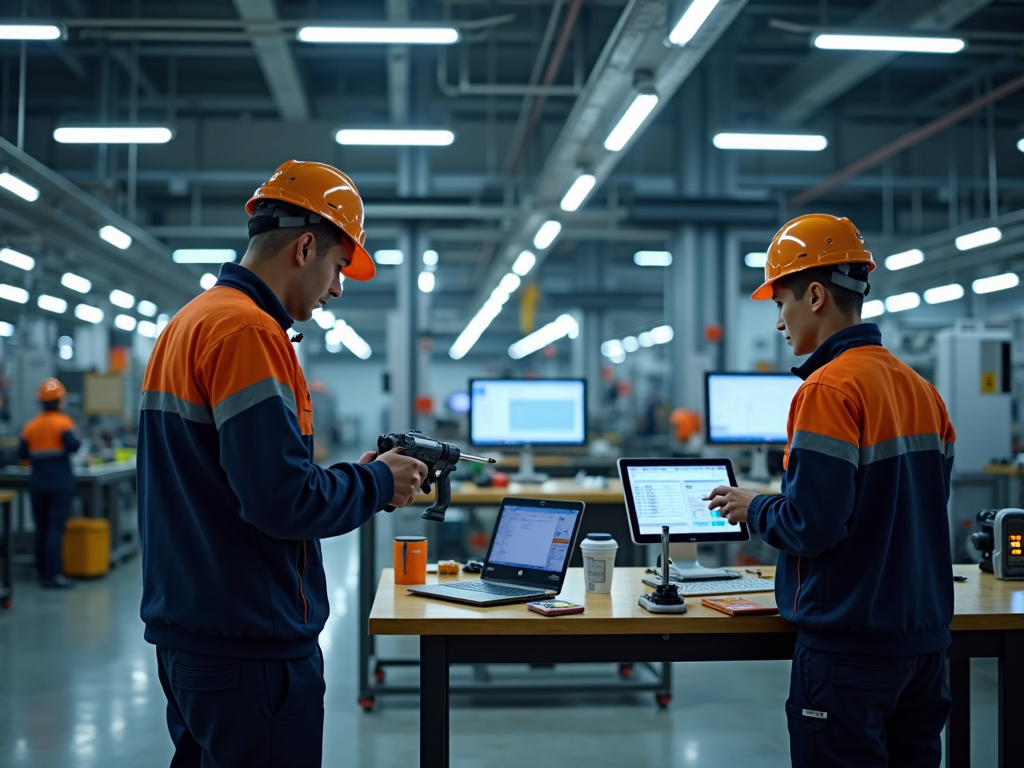 A modern workshop with workers using smart tools and wearable devices