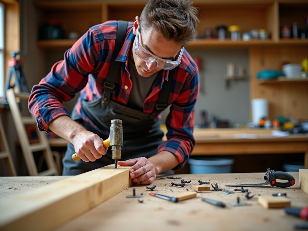 Person hammering a nail with safety goggles