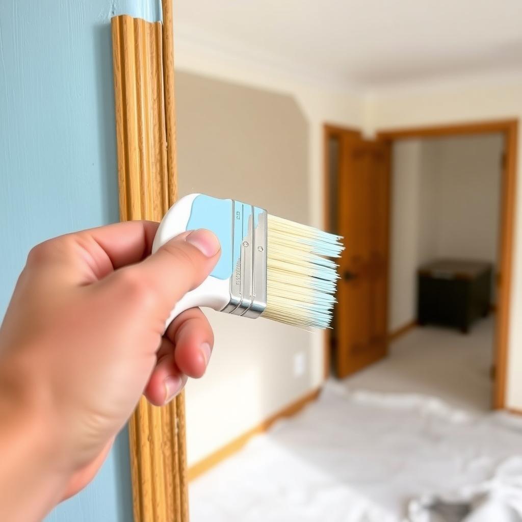 A beginner painter’s hand using a 2-inch angled paintbrush to apply light blue paint to wooden trim, with a drop cloth and partially painted wall in the background.