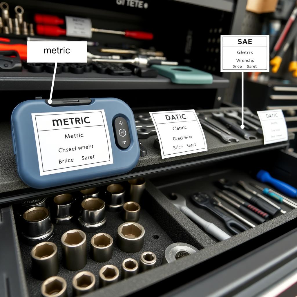 Labeled toolbox drawer with organized sockets, wrenches, and screwdrivers