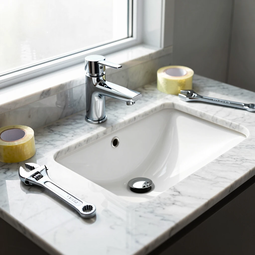 Completed bathroom plumbing project showcasing a new faucet installation