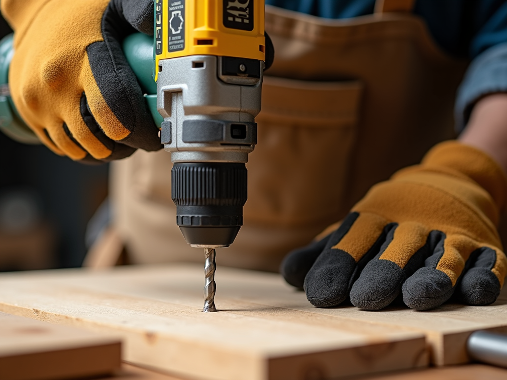 Hands in gloves holding a power drill