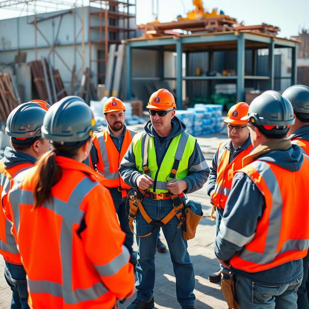 Group of construction workers in a safety training session learning about harness use at an outdoor construction site.