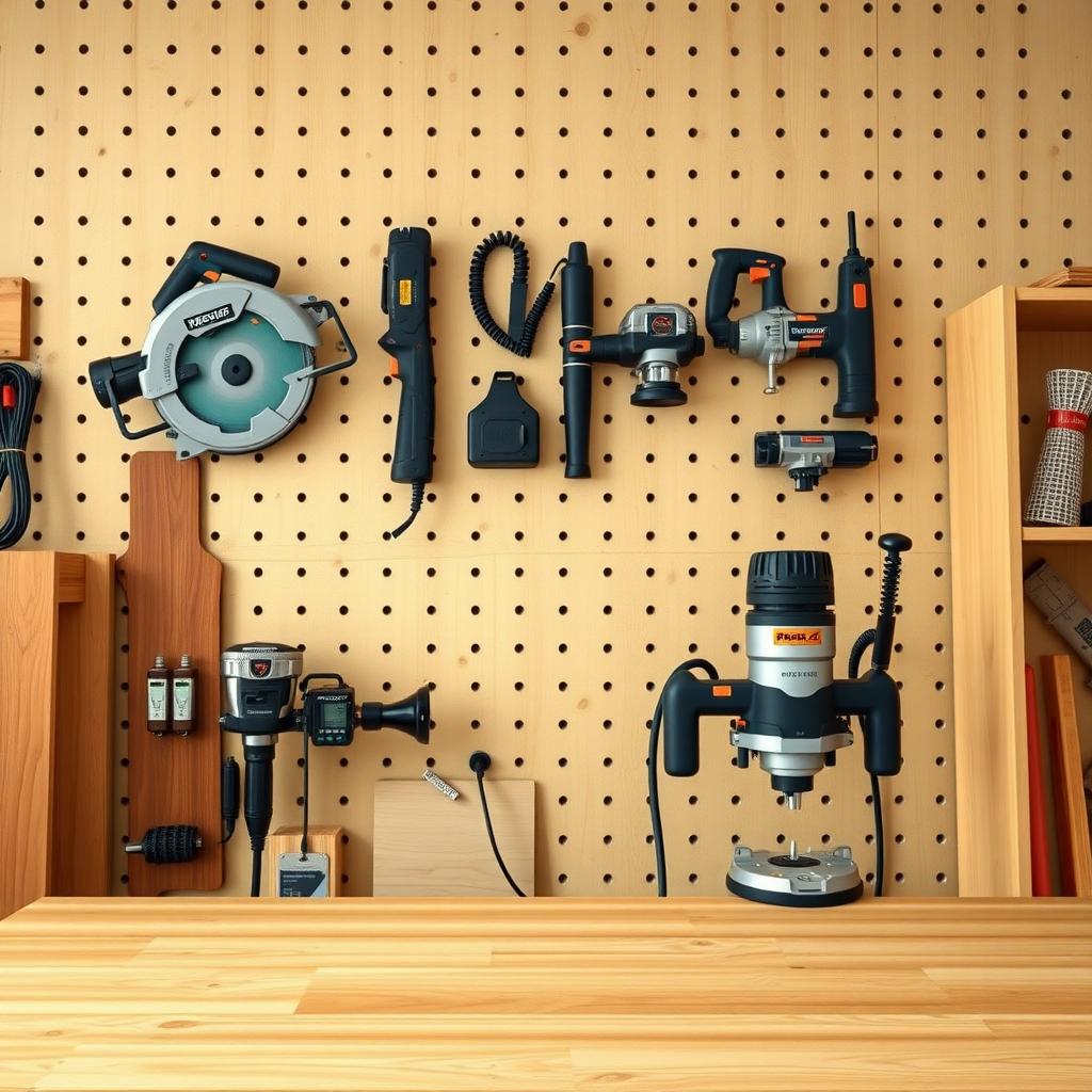 Organized woodworking workshop with power tools on a pegboard