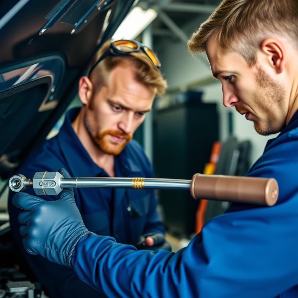 Workman using an ergonomic torque wrench on a car engine in a garage