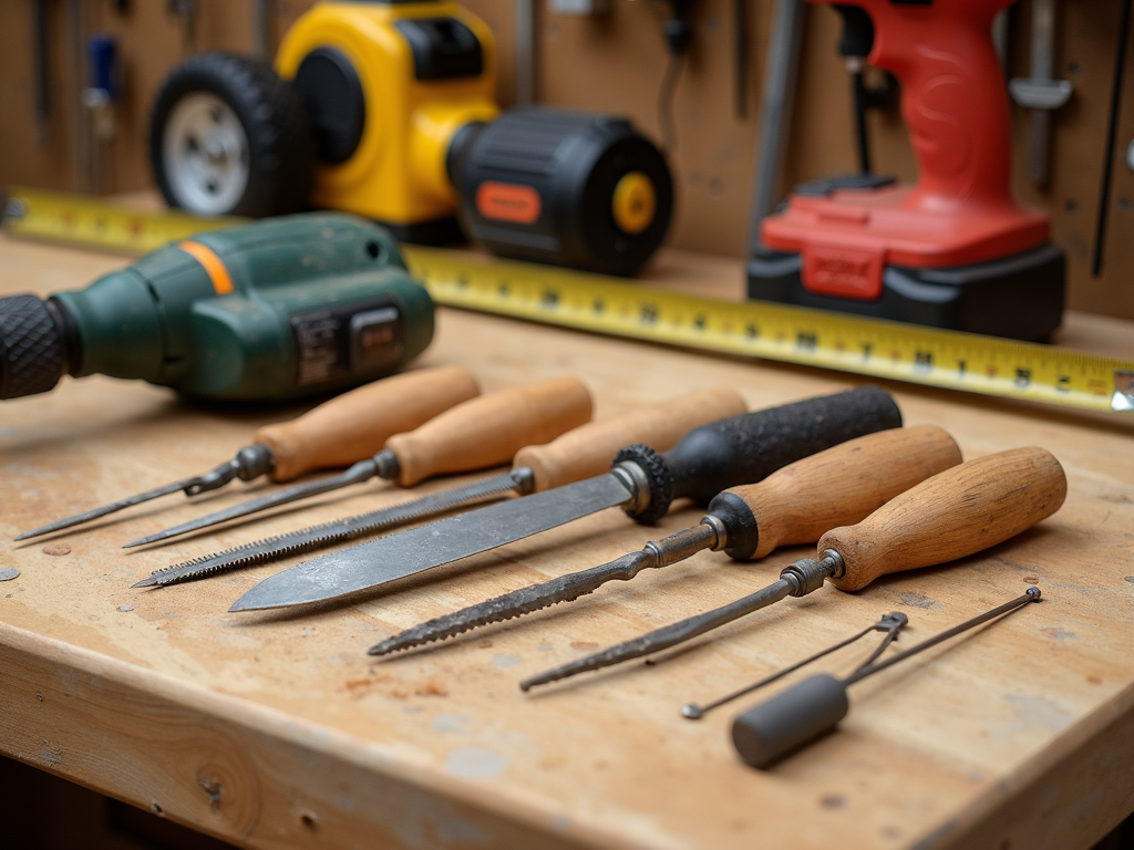 A tidy workbench with essential woodworking tools.
