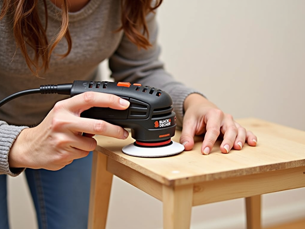 Empowering women in DIY: sanding furniture with an ergonomic tool.
