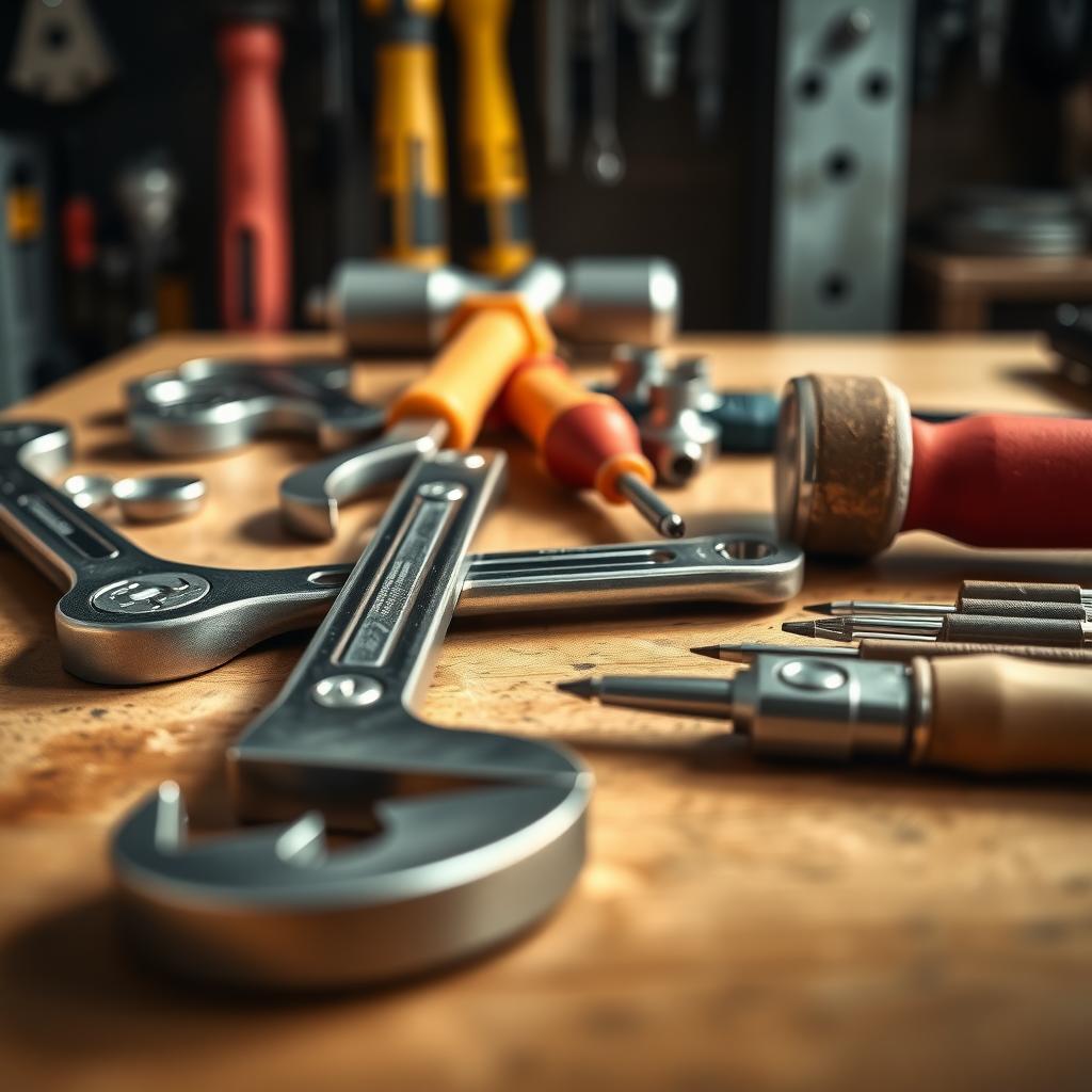 A clean workbench displaying a variety of well-maintained tools, including a wrench, hammer, and screwdrivers, arranged neatly under soft natural light.