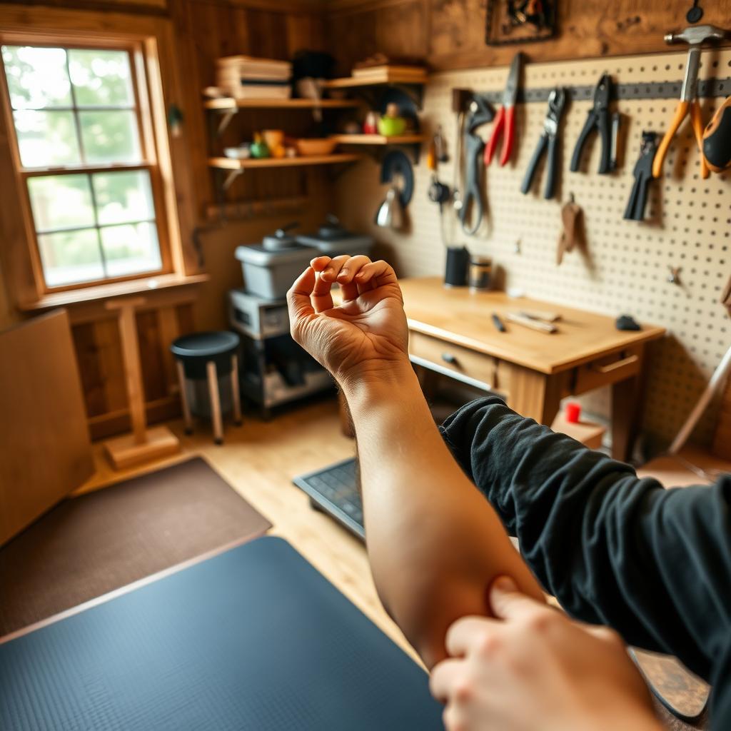 Craftsman stretching wrist in a cozy workshop with an anti-fatigue mat, ergonomic tools on a pegboard, and greenery visible outside.
