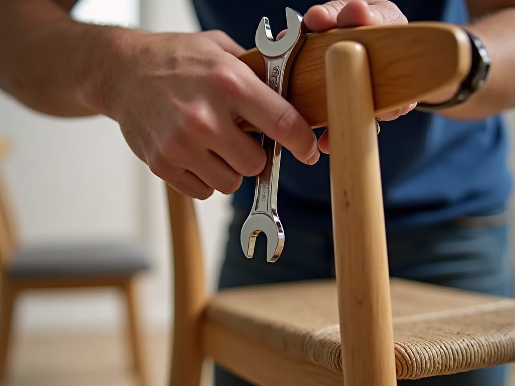 A beginner using an adjustable wrench to fix a chair leg.