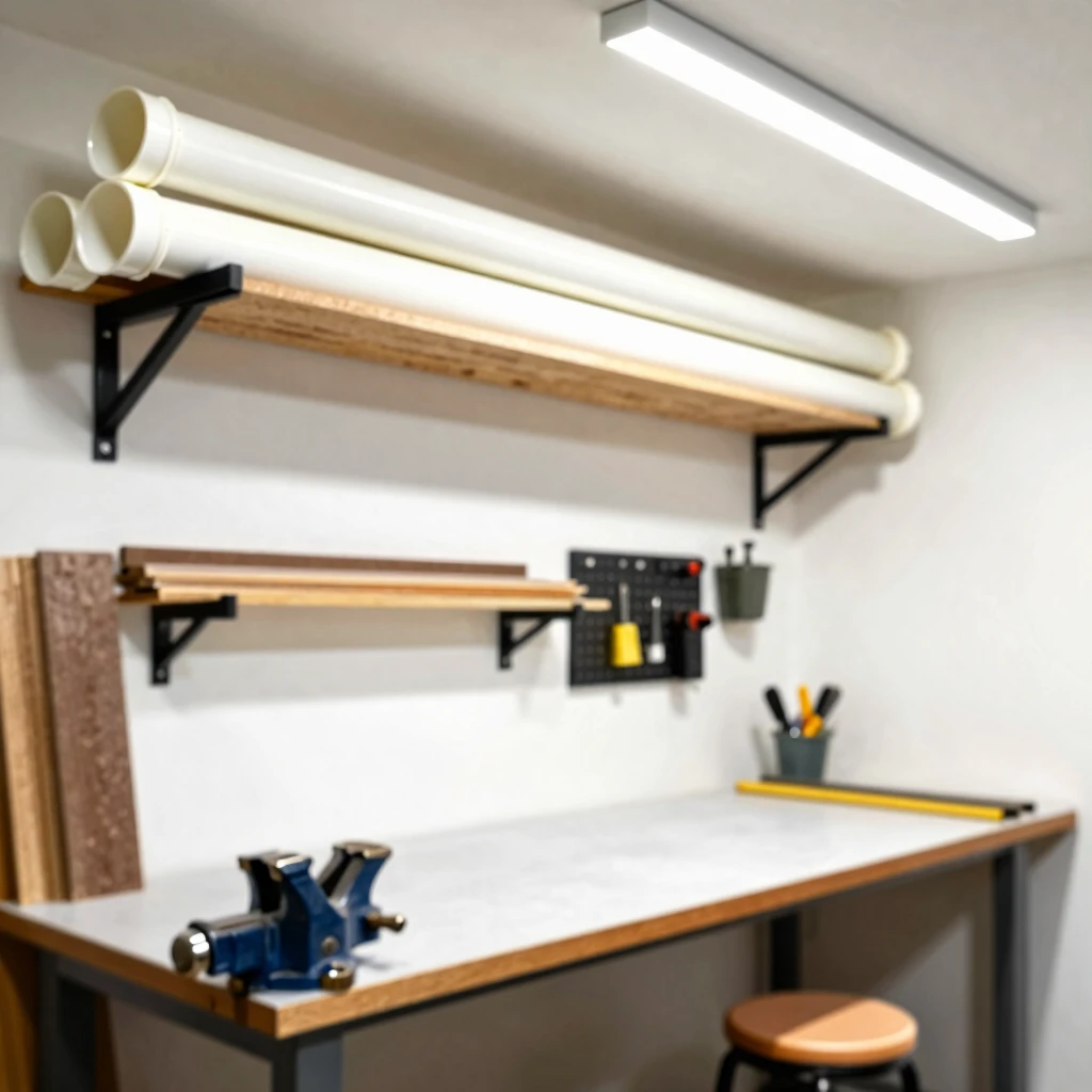 Ceiling storage rack in a small workshop maximizing vertical space for long materials