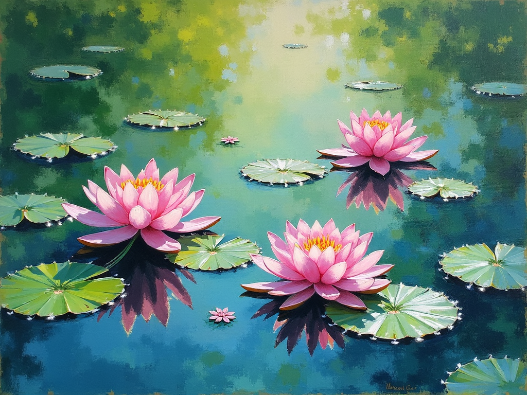 Claude Monet’s ‘Water Lilies’ painting with vibrant colors and loose brushstrokes.
