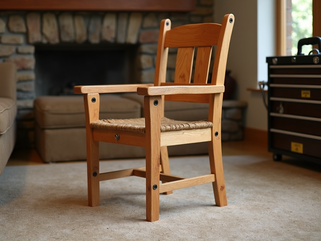 Wooden chair with carriage bolts in a living room