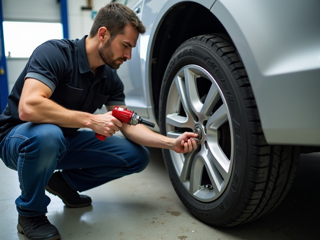 Mechanic using a torque wrench on a car wheel.