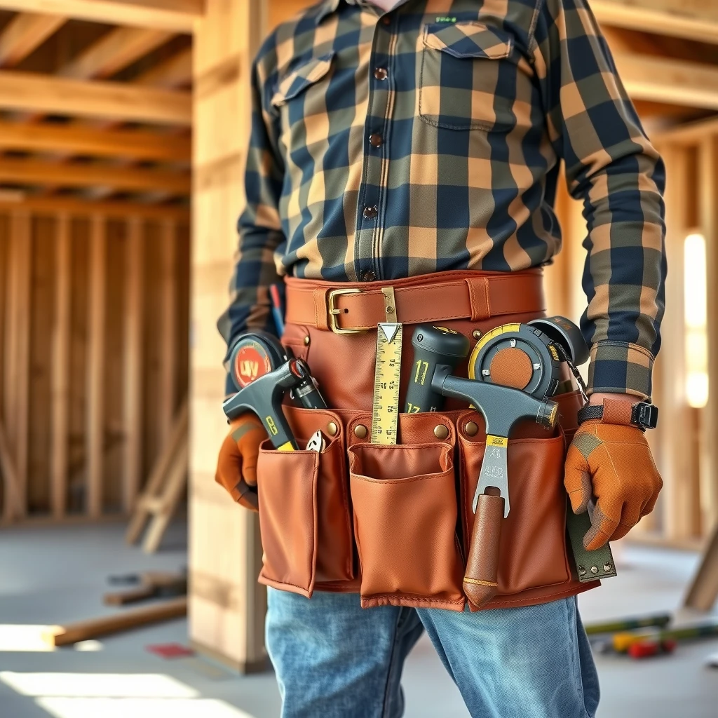 Professional carpenter wearing a loaded heavy-duty leather tool belt on a construction site