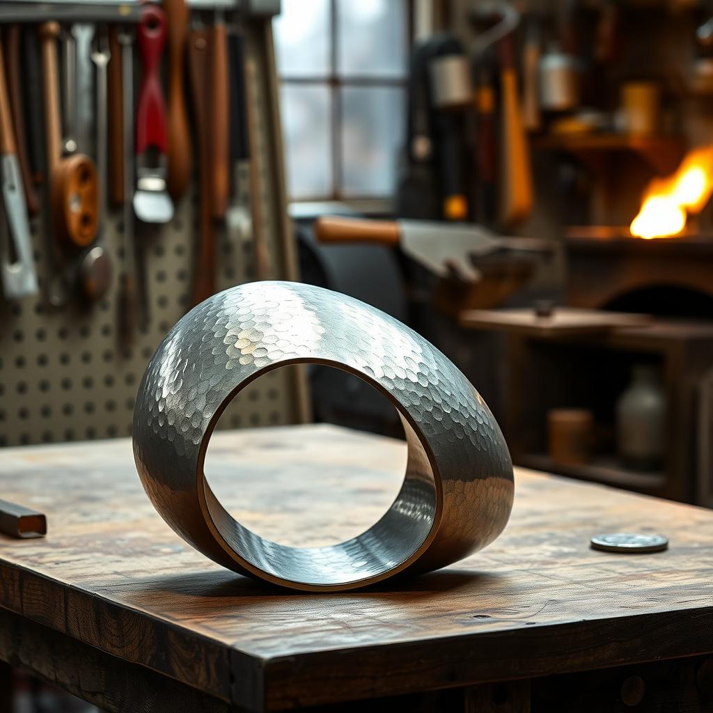 Intricate metal sculpture with repoussé patterns on a workshop table