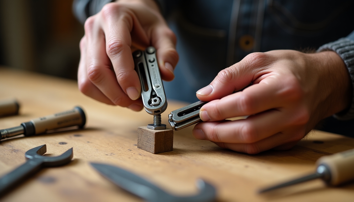 Craftsman using Leatherman Multi-Tool on workbench