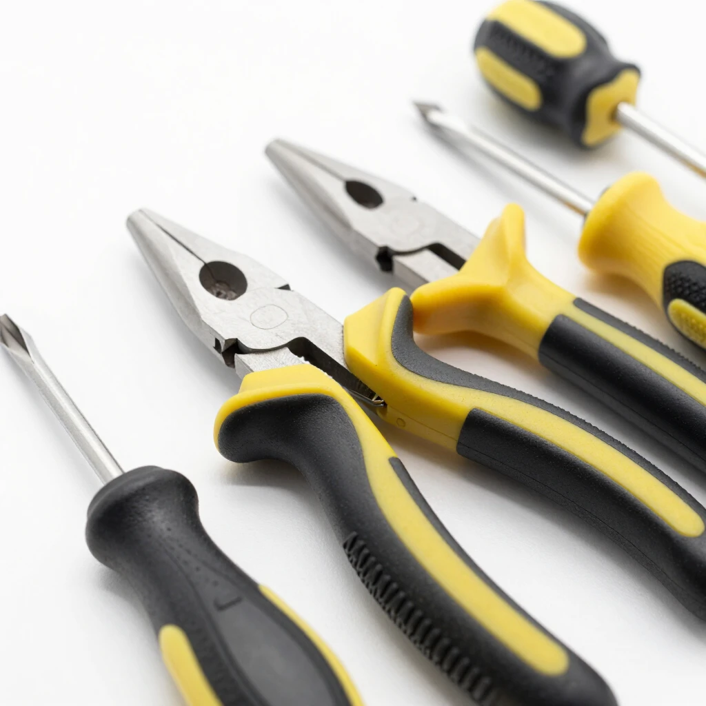 Close-up of ergonomic pliers and screwdrivers with comfort grips