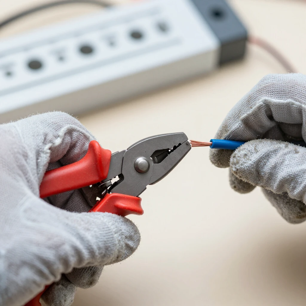Electrician using wire strippers on electrical wire