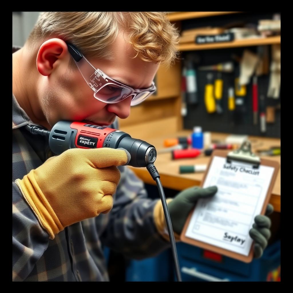 A person inspecting a power drill for safety in a workshop, highlighting maintenance checks.