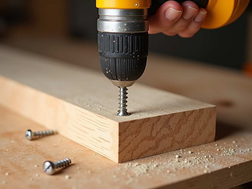 A cordless drill efficiently driving a screw into wood.