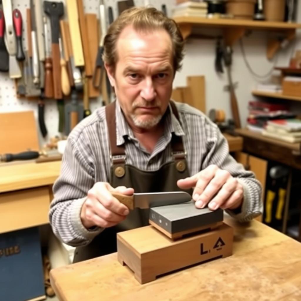 A person sharpening a chisel on a whetstone in a tidy workshop.