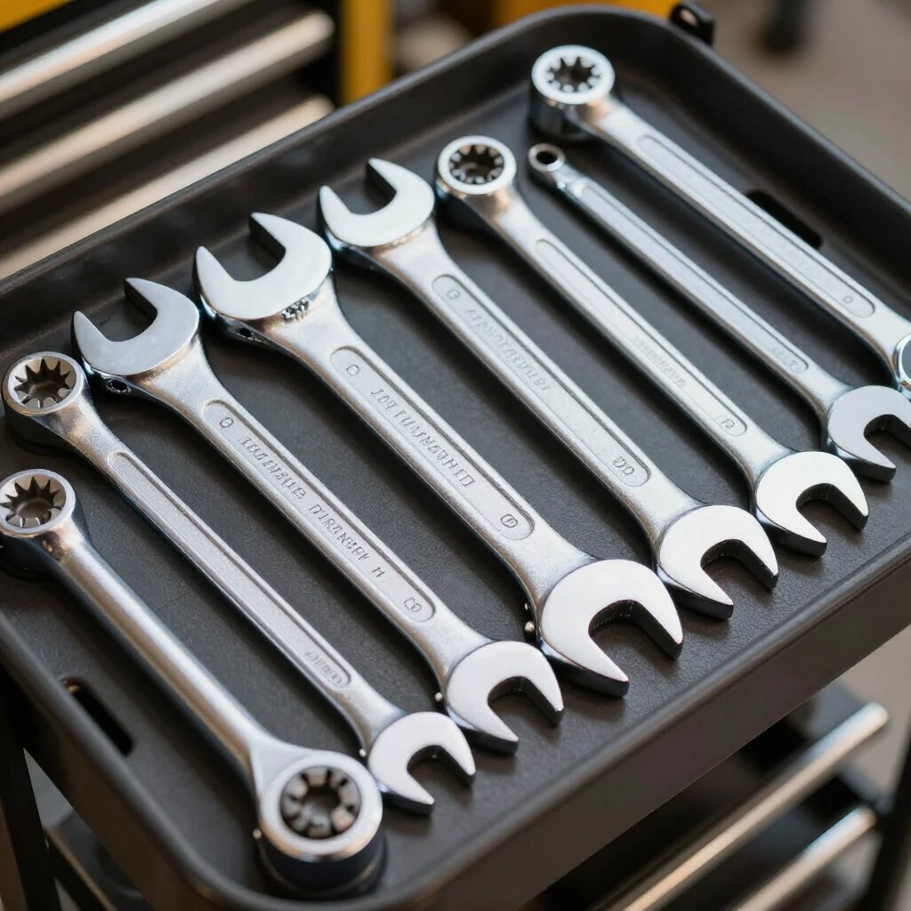 High-quality ratcheting wrenches arranged on a tool cart