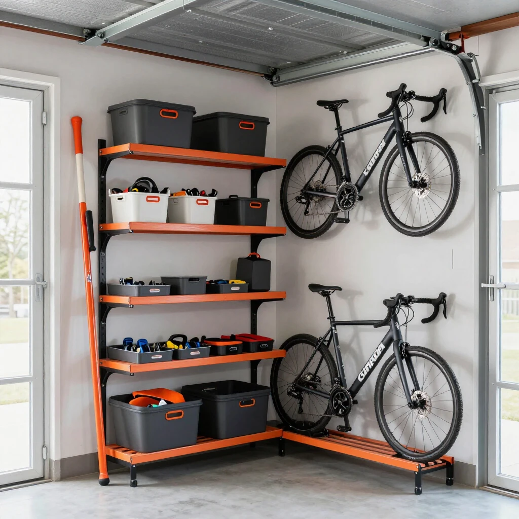 Vertical tool rack and shelves in a compact garage maximizing space