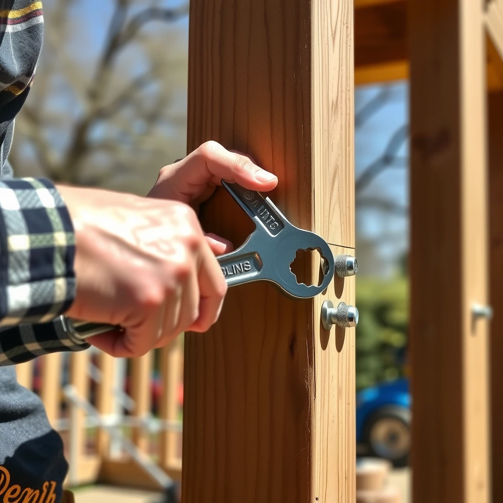 Builder using ratcheting wrench to secure deck bolts
