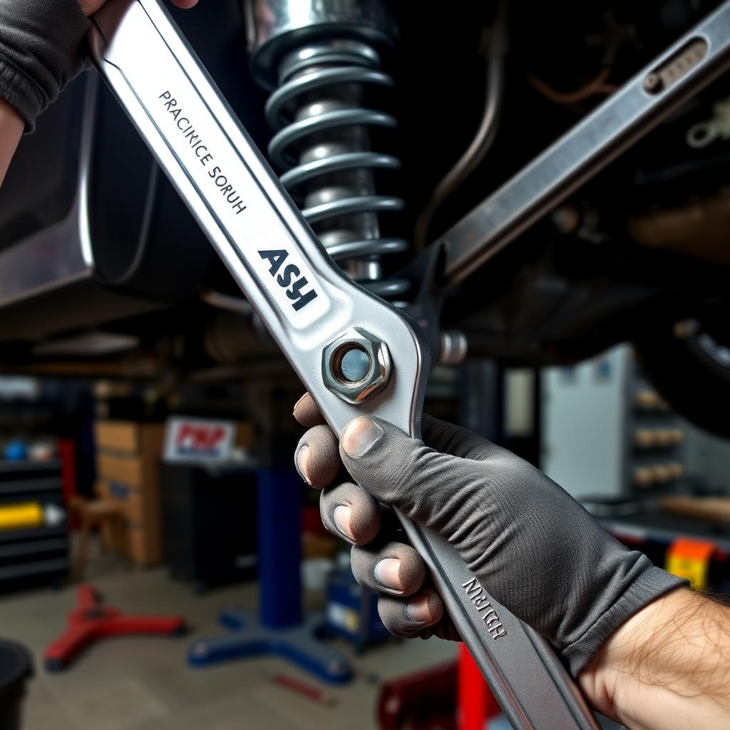 Mechanic using an adjustable wrench on a car’s suspension in a garage