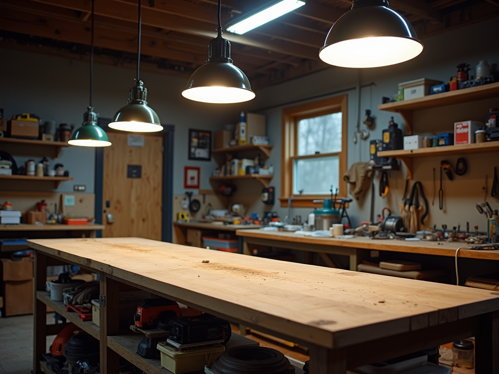 A well-lit workshop with overhead lighting.