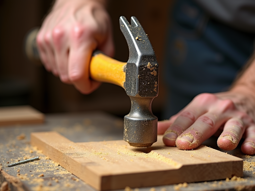 Craftsman driving a nail with a claw hammer