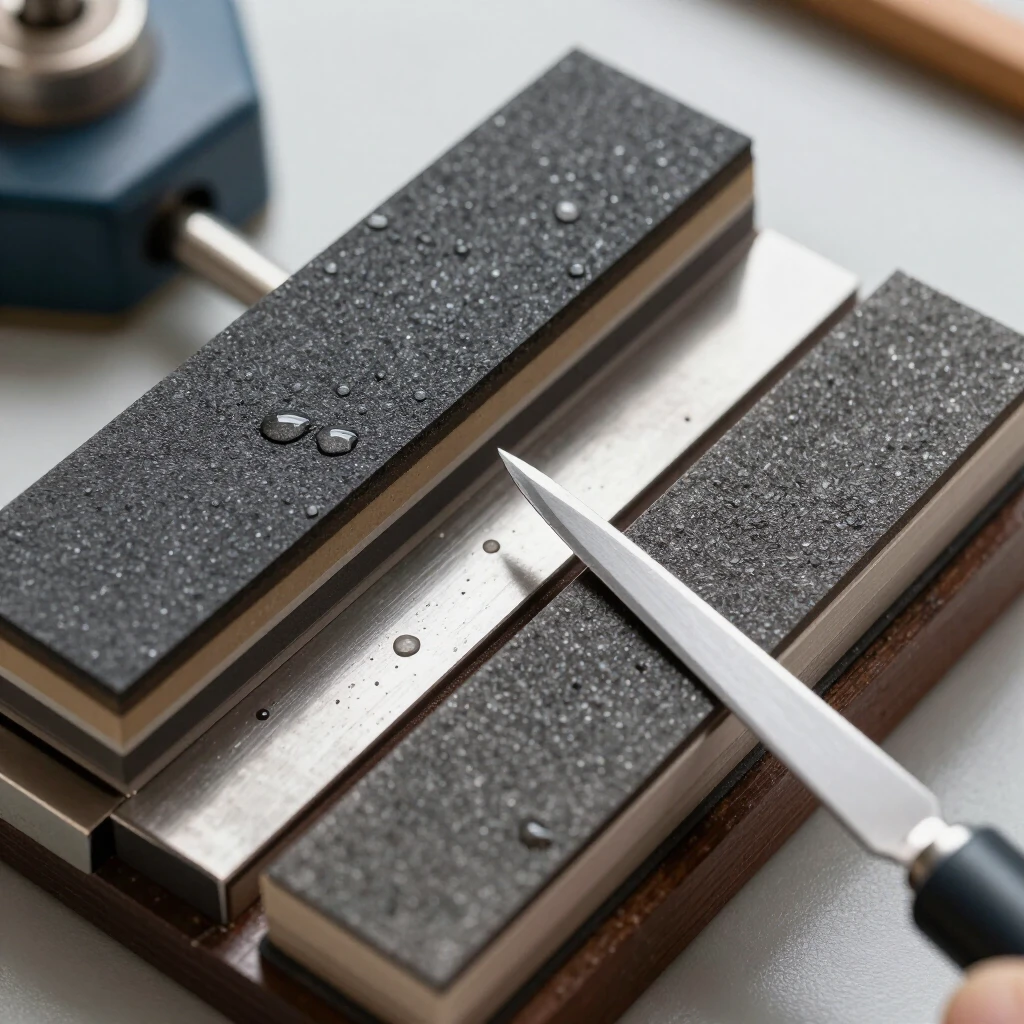 Step-by-step sharpening of a plane blade using a honing guide on stones