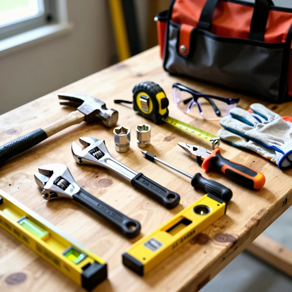 Well-organized beginner construction tool kit on a wooden workbench