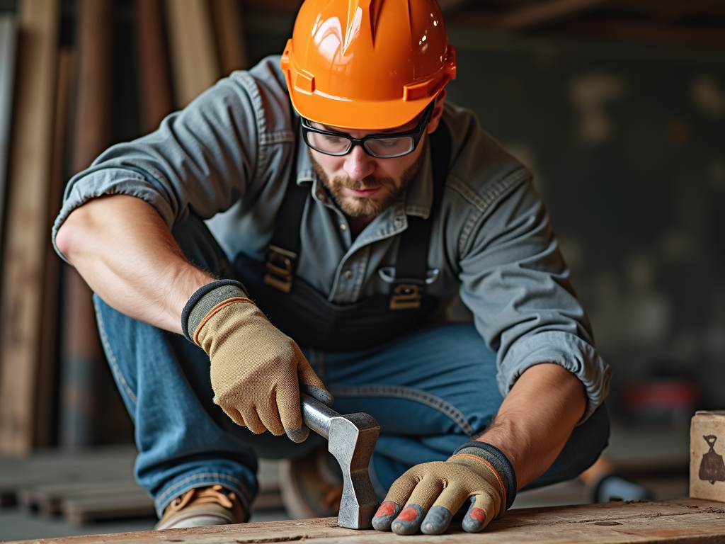 Workman with safety gear holding a claw hammer.