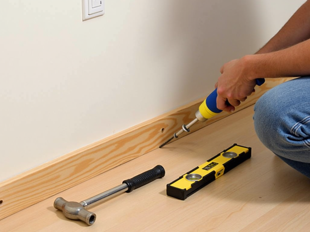 DIY newbie installing a simple shelf with workman tools like a screwdriver