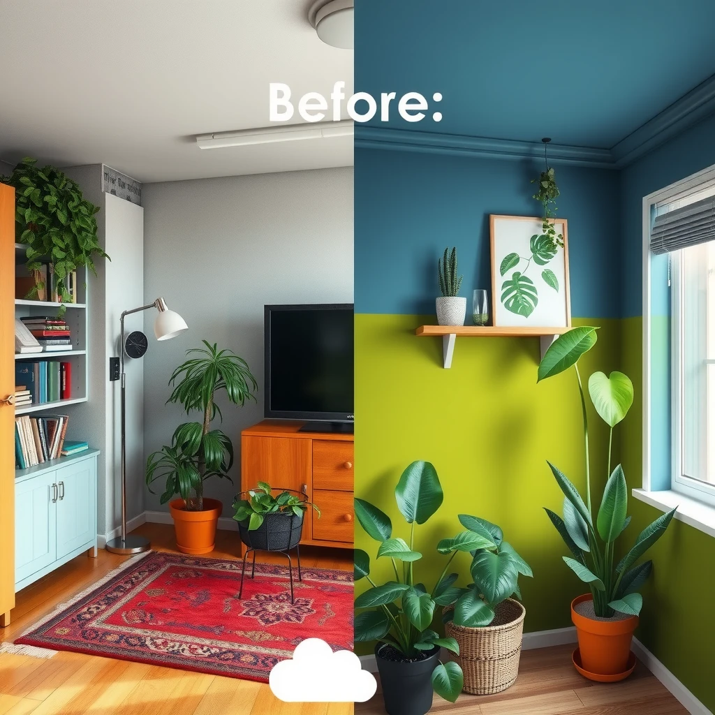 Before and after of a room transformed with eco-friendly paint, featuring vibrant colors and plants