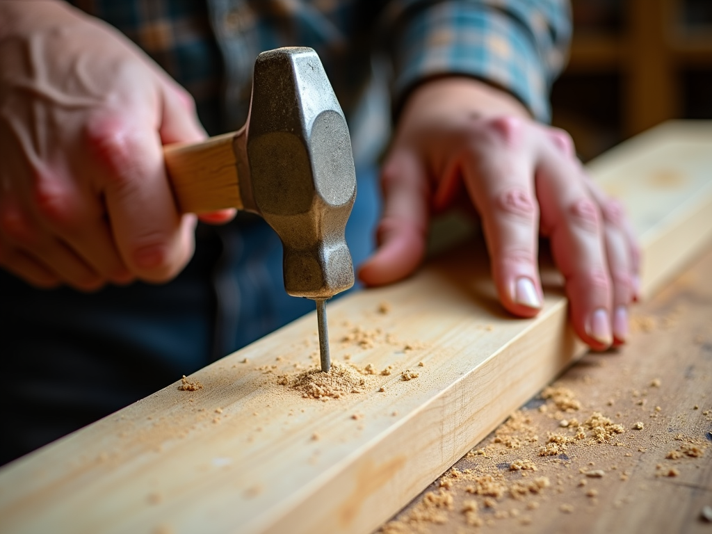 Workman hammering a nail