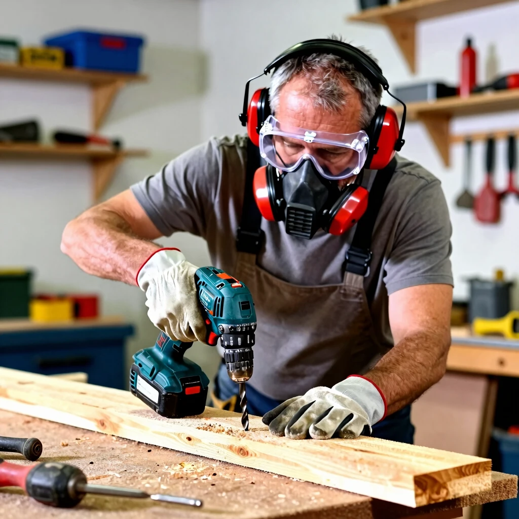Man using power drill with full essential safety gear in garage