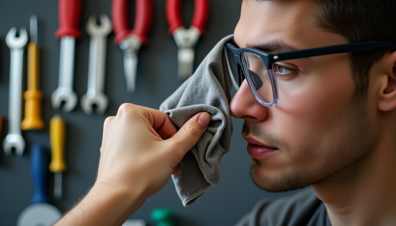 Cleaning safety glasses in a workshop