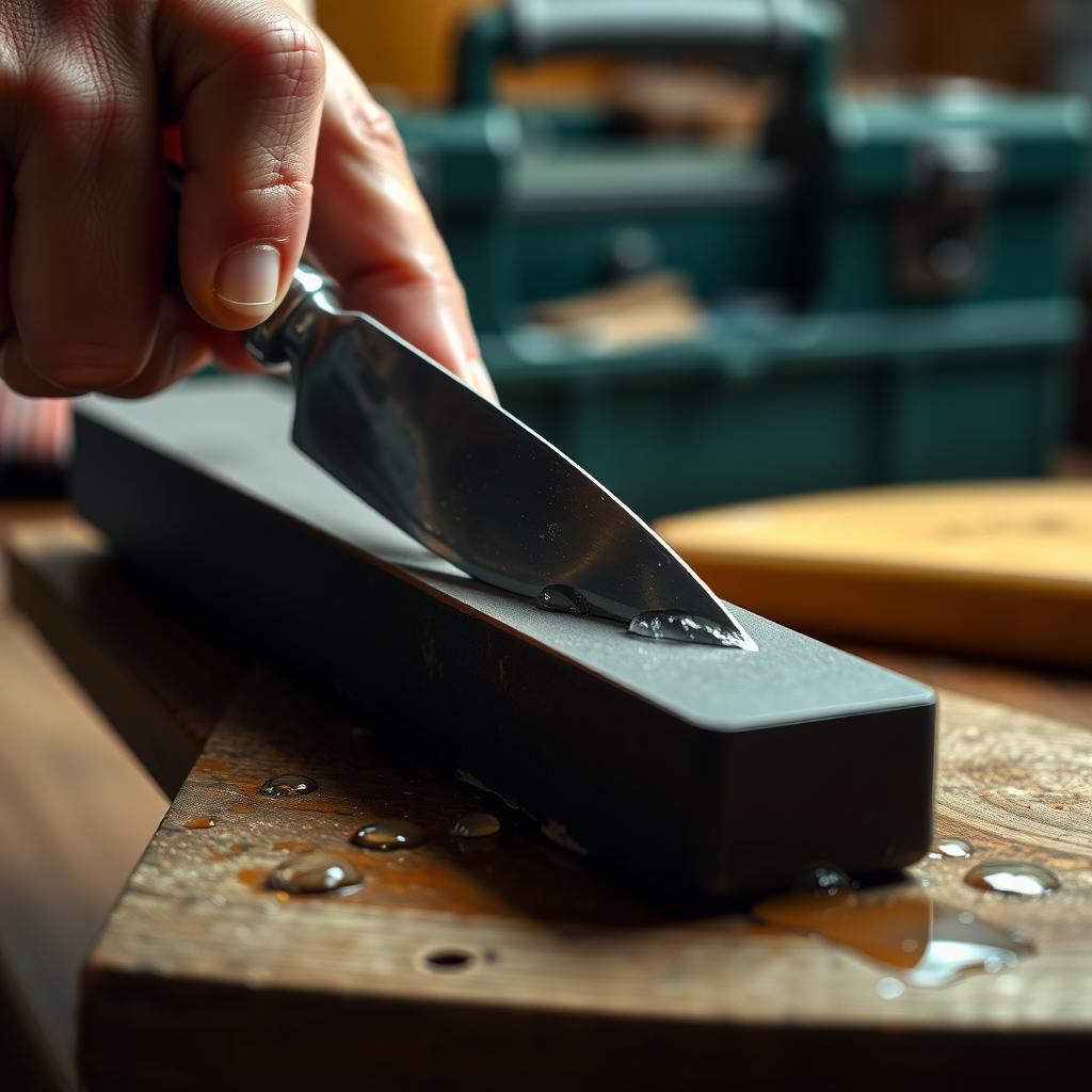 Hand sharpening a chisel on a whetstone with a toolbox in the background.