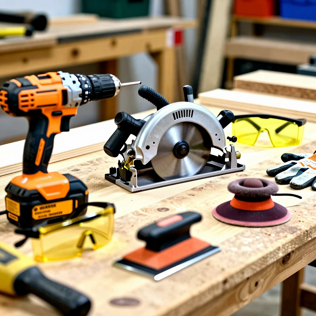 Essential power tools for beginner woodworkers neatly arranged on a workbench