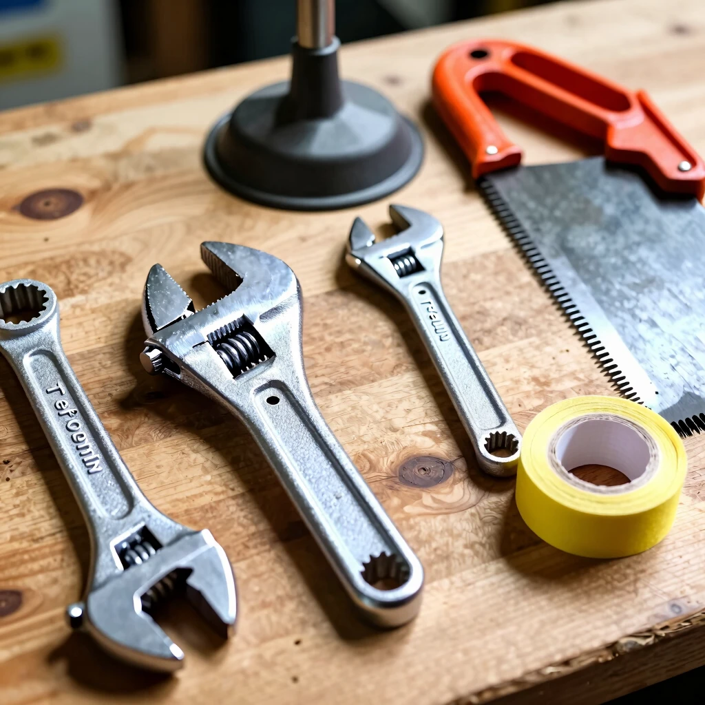Collection of essential plumbing tools arranged on a workbench