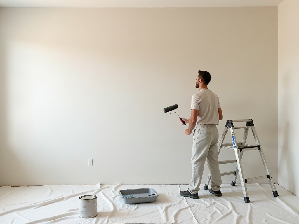 A painter applying primer to a wall with a roller for even coverage.