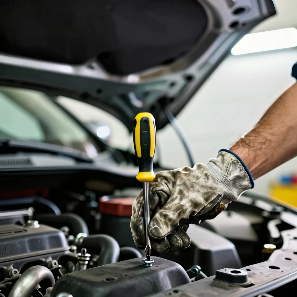 Mechanic using a Phillips screwdriver on a car engine