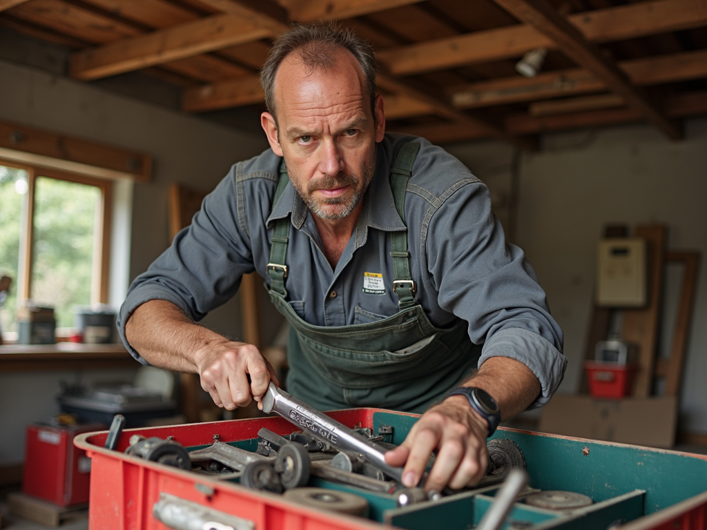 Handyman using an organized toolbox during a project.