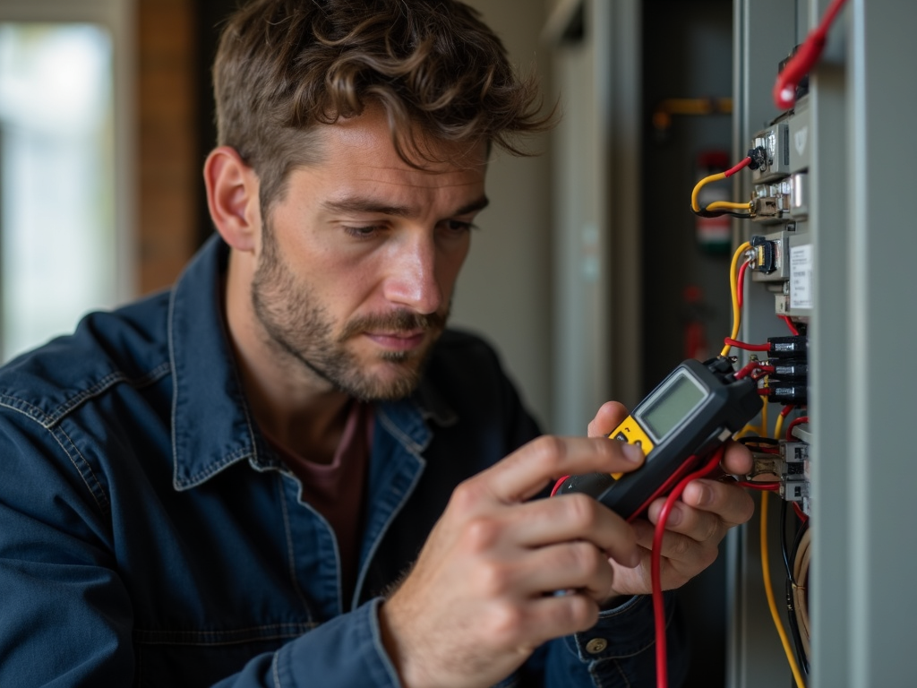 Electrician using voltage tester