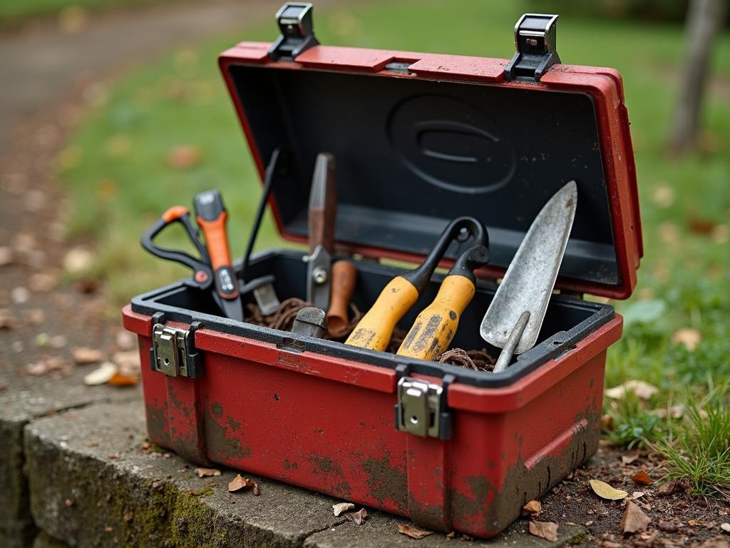 Toolbox with seasonal tools like shears ready for summer work.