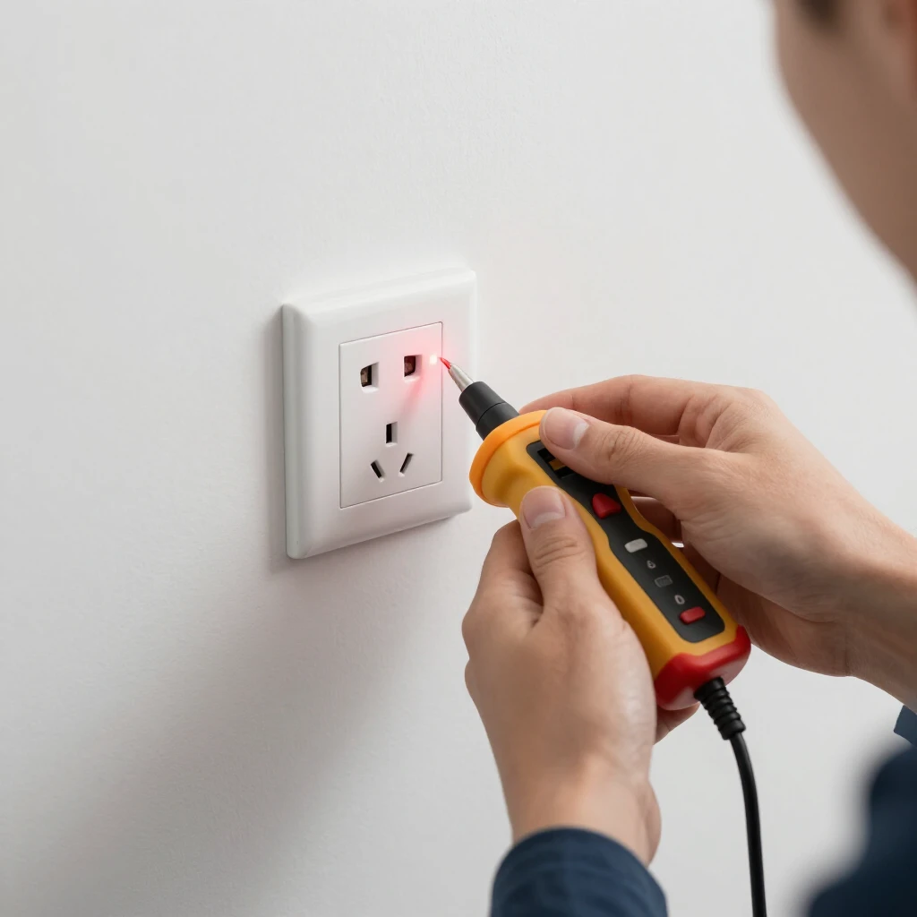 Homeowner using a non-contact voltage tester on an outlet